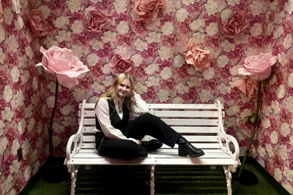 Roses and White Bench